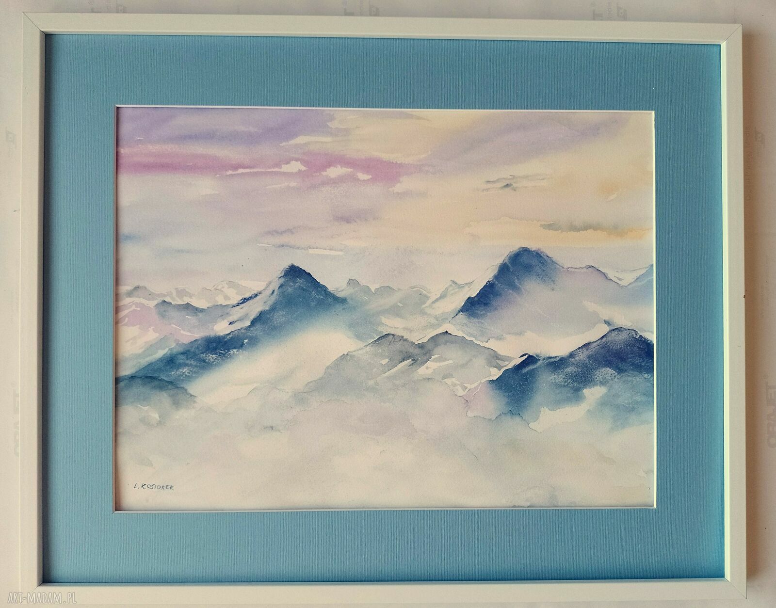 Obraz ręcznie malowany „W nastroju indygo” akwarela oprawiony 52x42 cm