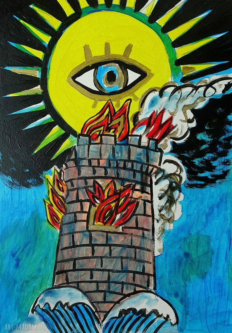 Ręcznie malowany obraz Wieża Dom Boży - akryl na płycie 21x29 cm (edycja limitowana)