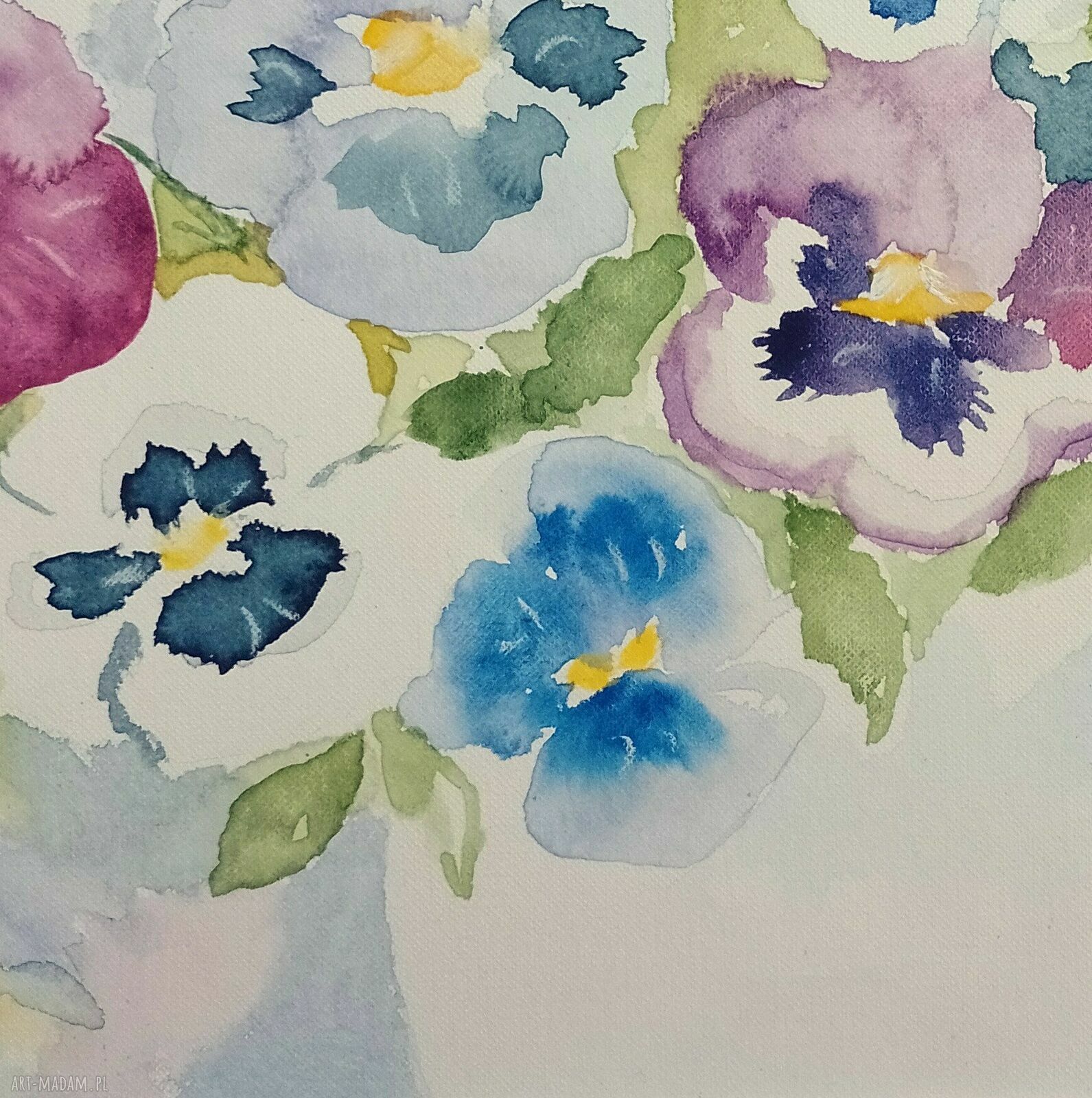 Bratki w wazonie - ręcznie malowany obraz akwarela 48x34