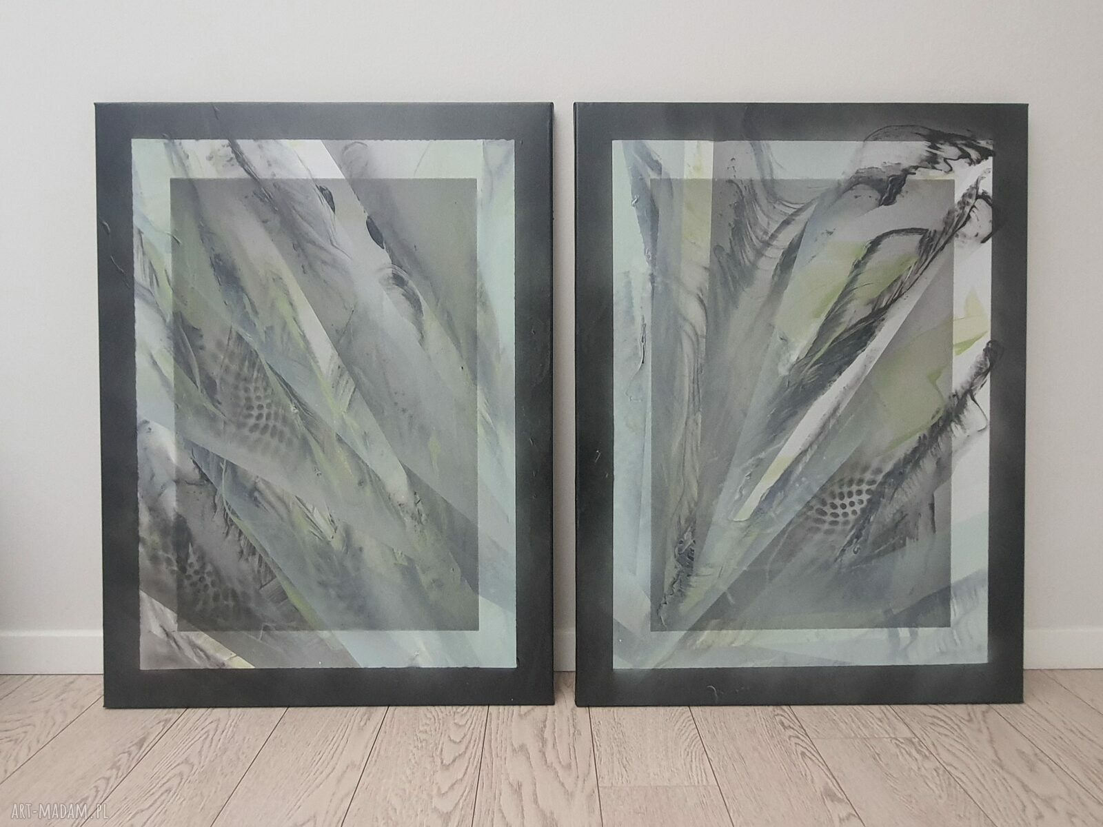 Dyptyk ręcznie malowany 2x 60x80 cm w stylu VEGE - natura w czerni, zieleni i bieli