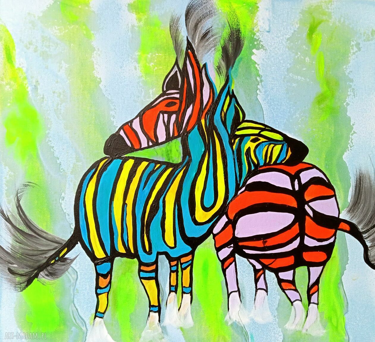 Obraz ręcznie malowany na płótnie Barwy miłości 40x40 cm - zebry, gotowy do zawieszenia