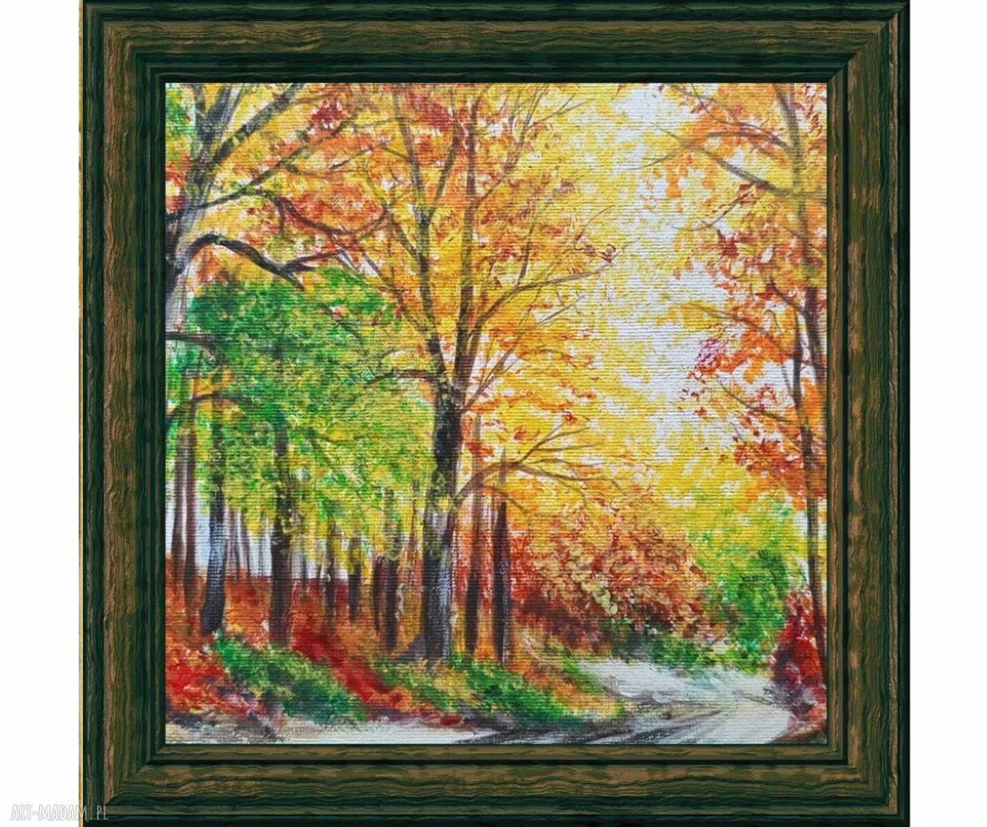 Obraz ręcznie malowany akrylowy „Barwną Aleją” - jesienny pejzaż drzew, 24x30 cm