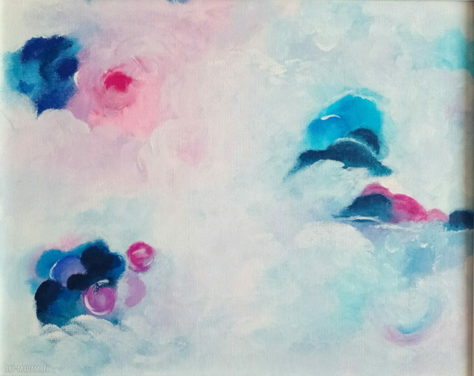 Obraz „Chmurki” ręcznie malowany abstrakcja w białej ramie 52x42 cm