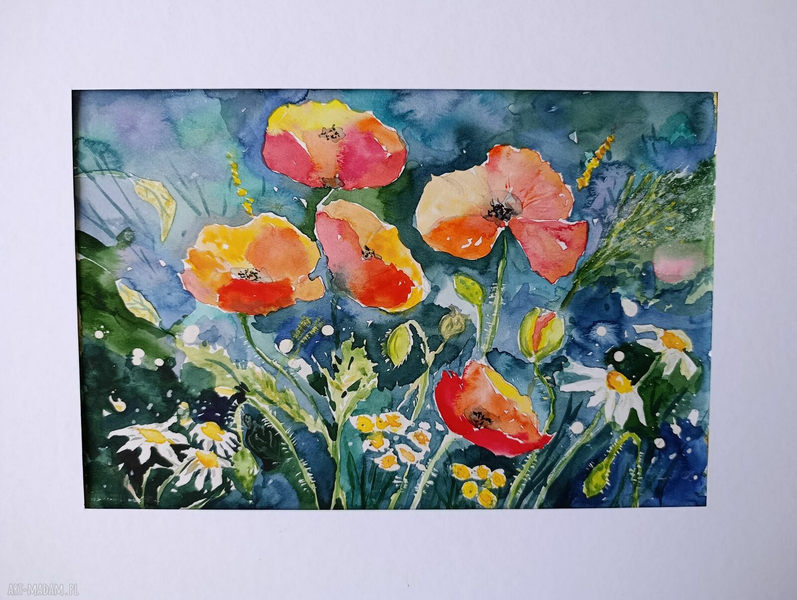 Ręcznie malowany akwarelowy obraz Wiosenna łąka 40x30 cm z passe-partout