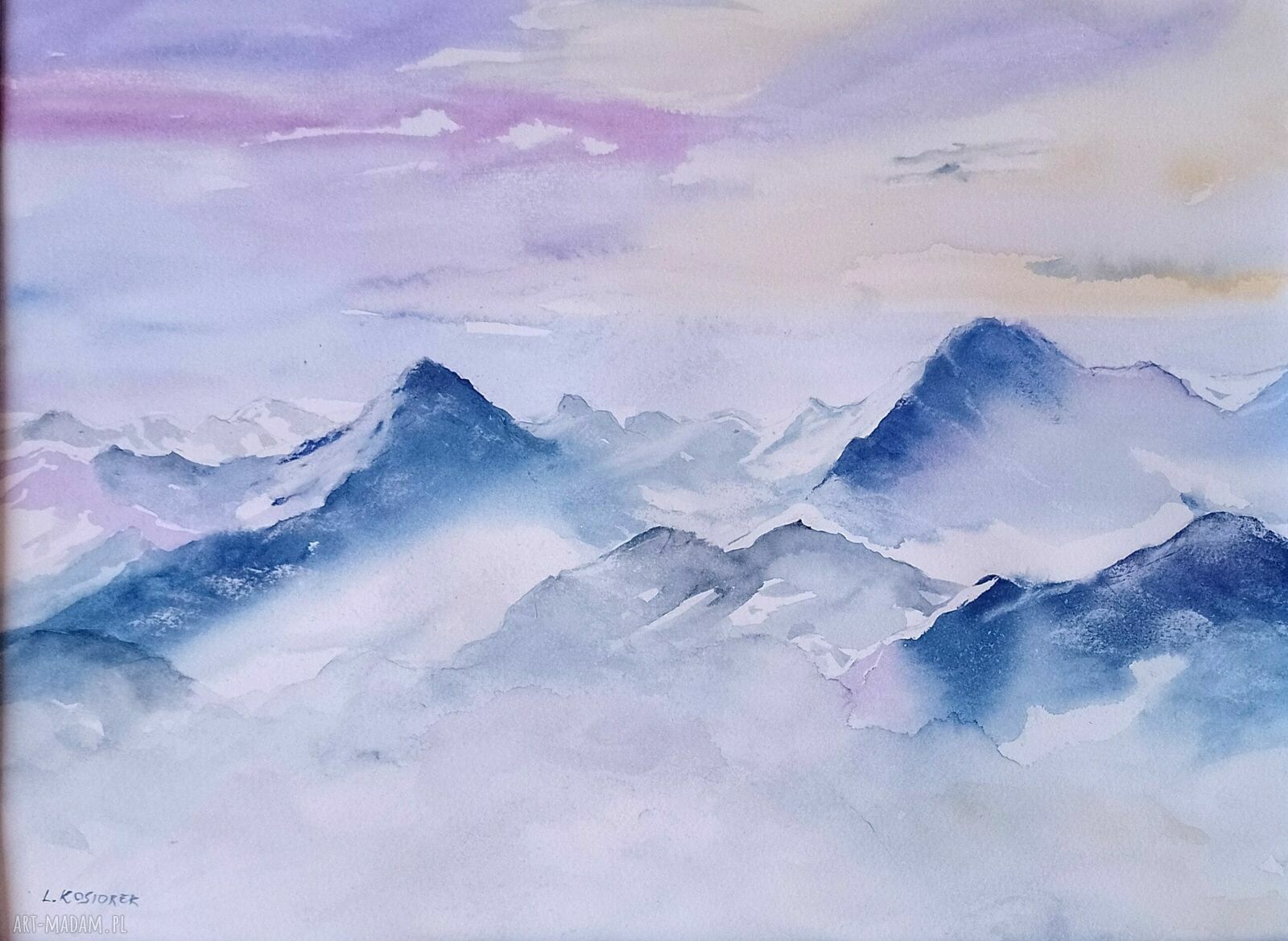 Obraz ręcznie malowany „W nastroju indygo” akwarela oprawiony 52x42 cm
