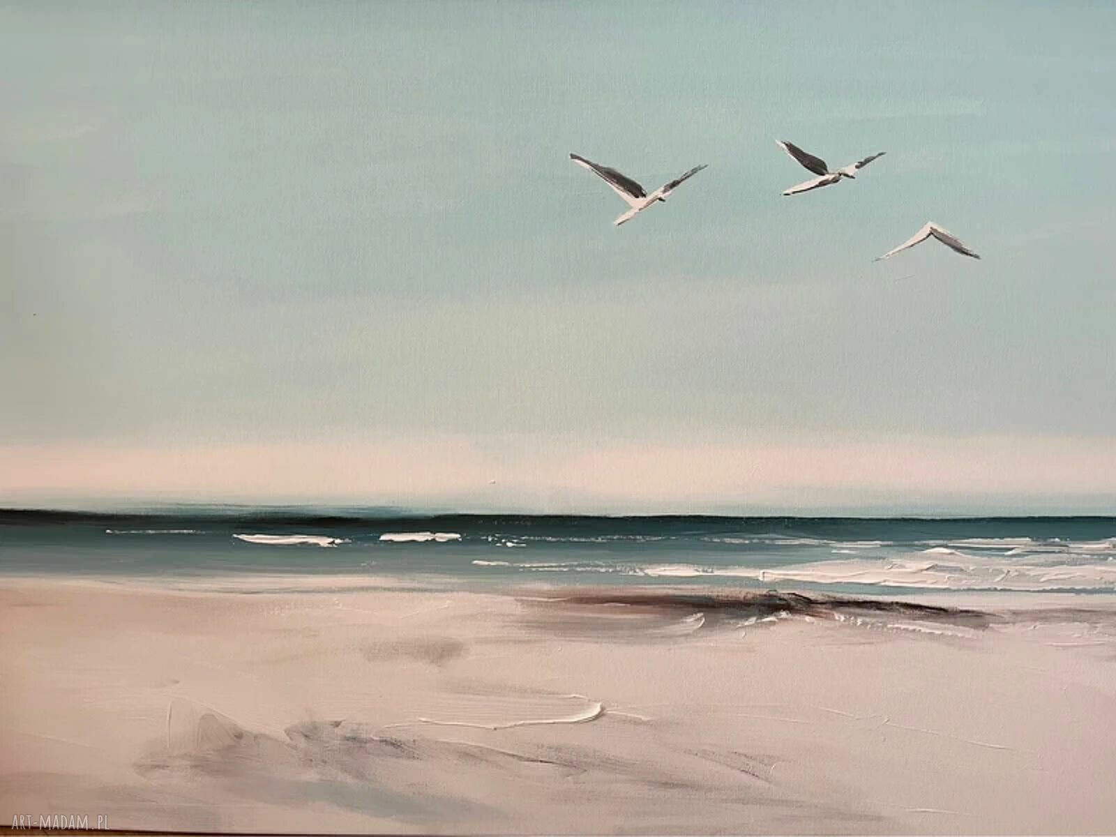 Ręcznie malowany obraz morski z mewami - plaża 60x90 cm