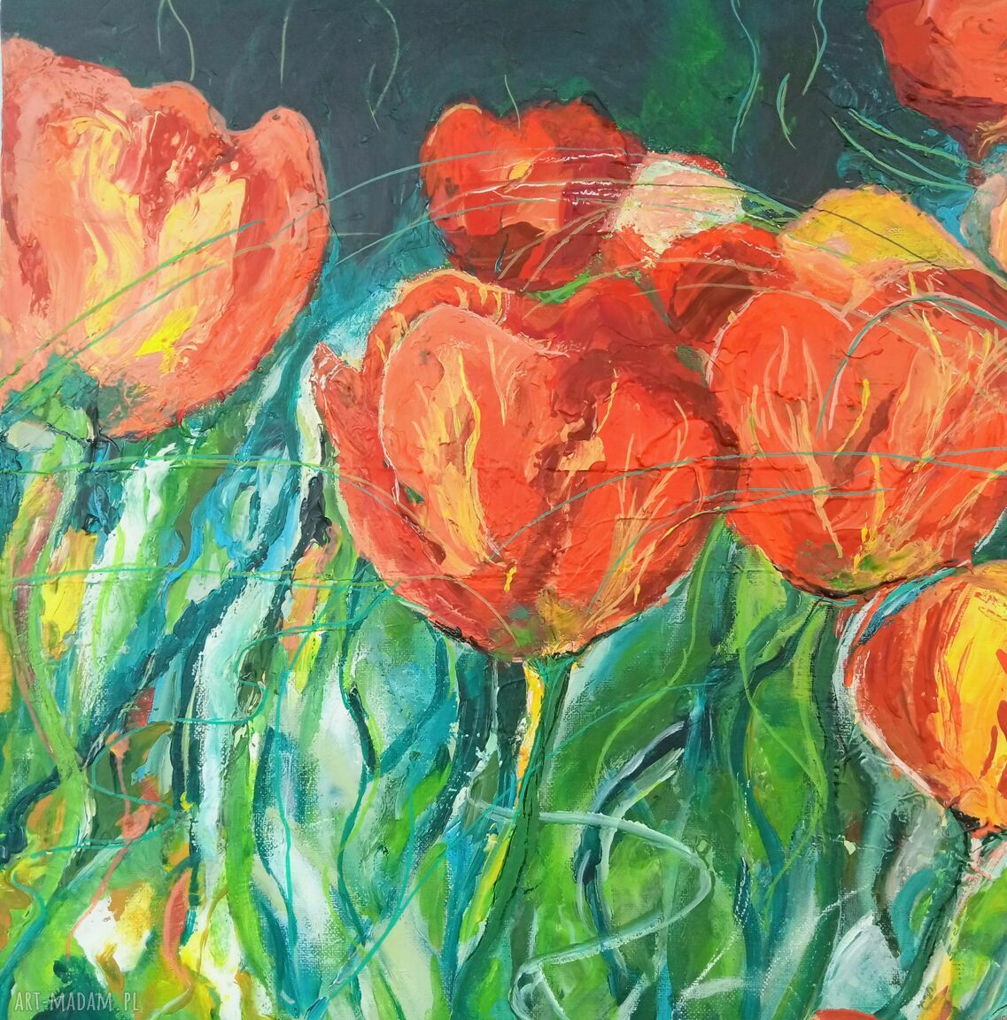 Tulipany i natura - ręcznie malowany obraz 40x40 cm na blejtramie