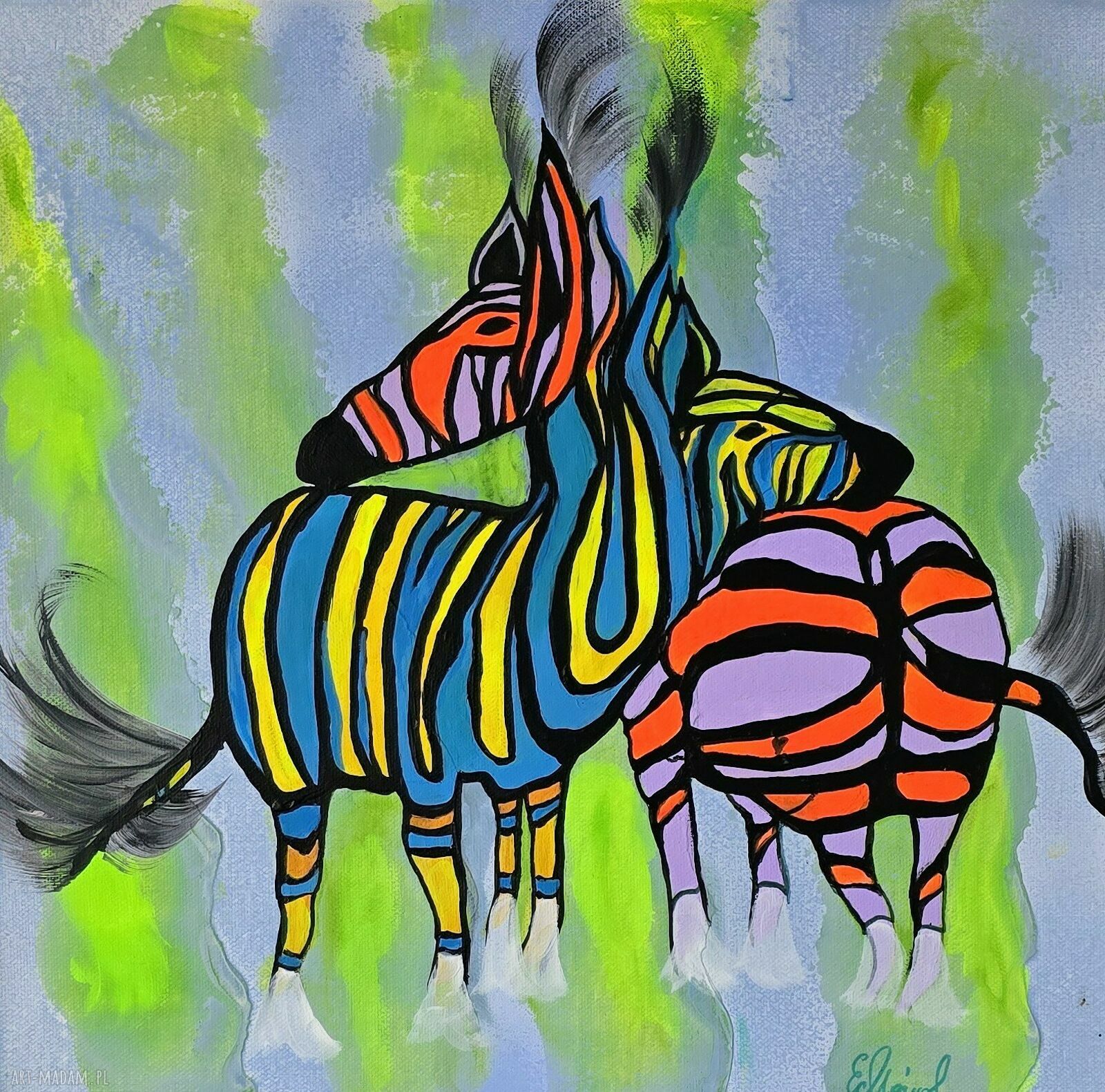 Obraz ręcznie malowany na płótnie Barwy miłości 40x40 cm - zebry, gotowy do zawieszenia