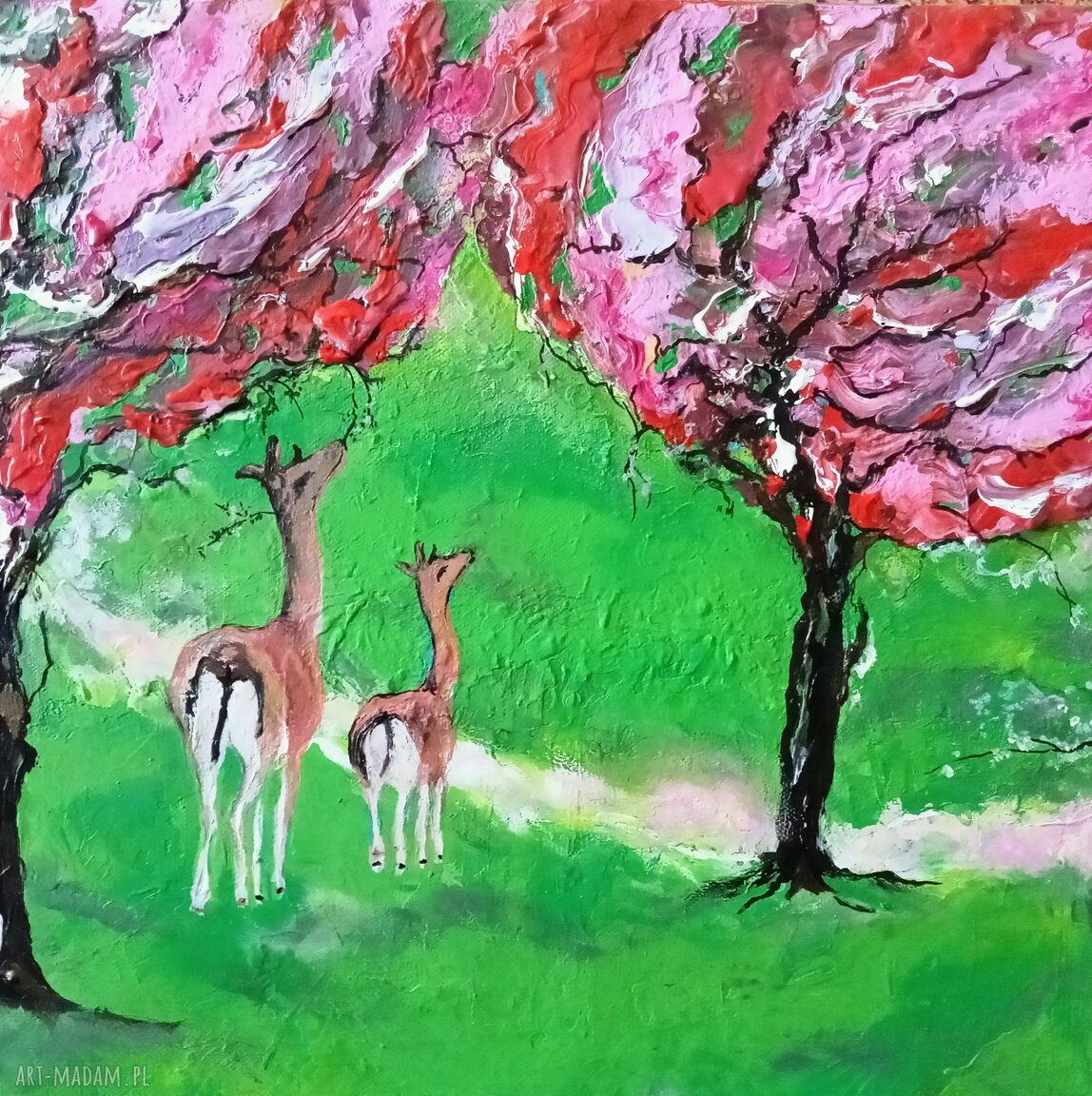 Obraz ręcznie malowany na płótnie Secret garden - jeleń i sarny, 40x40 cm