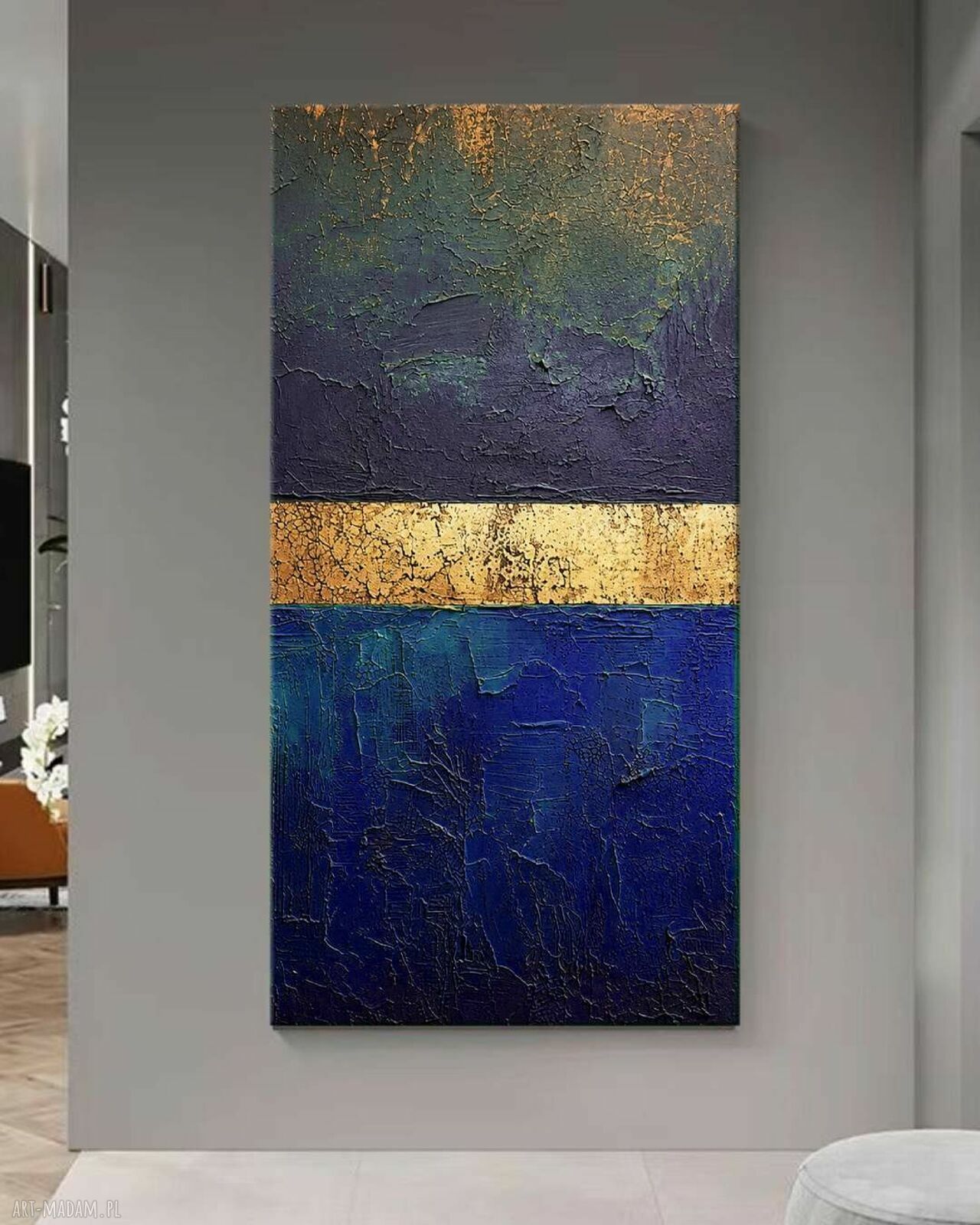 Obraz ręcznie malowany 80x160 cm - struktura złoto i granat indygo