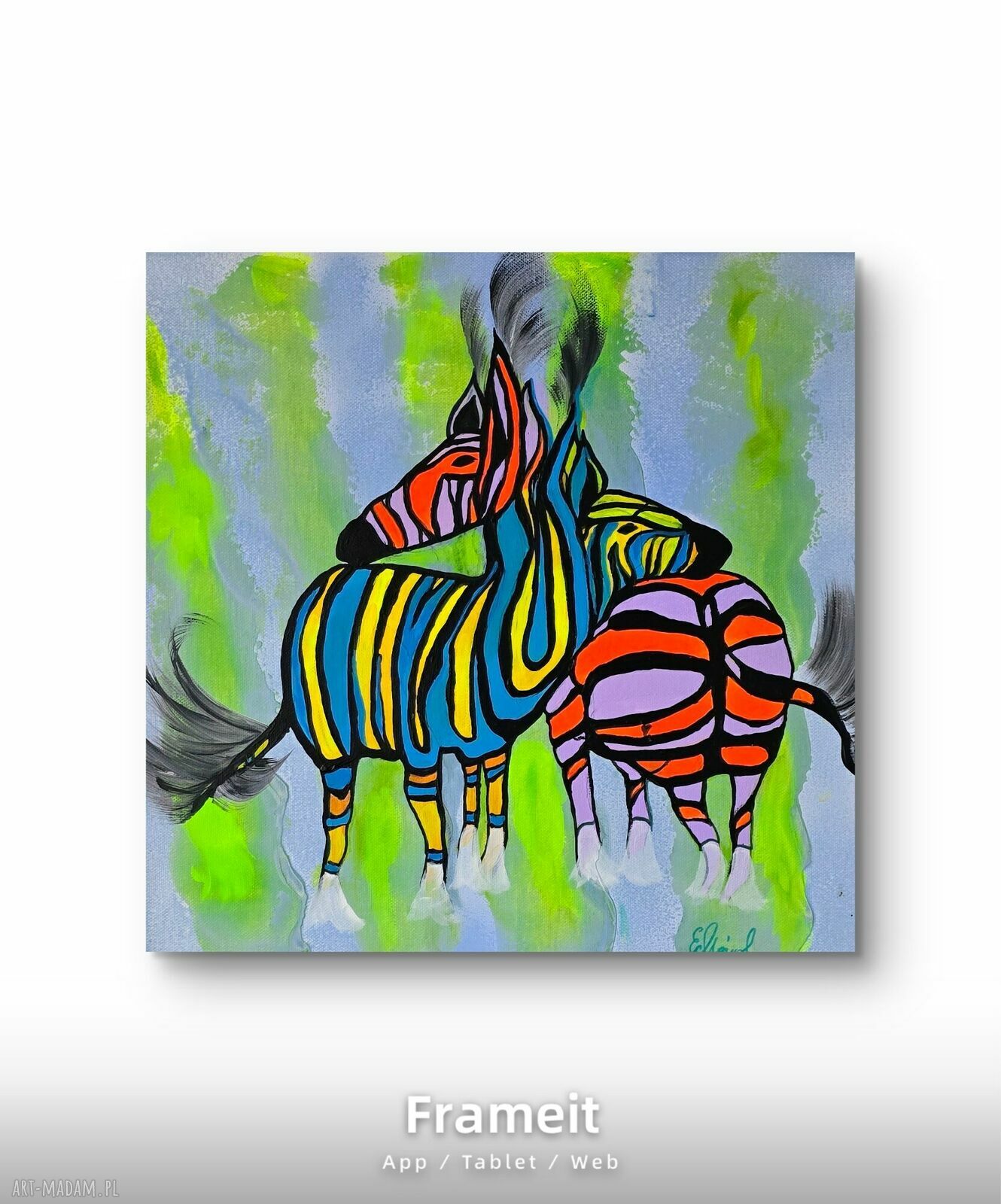 Obraz ręcznie malowany na płótnie Barwy miłości 40x40 cm - zebry, gotowy do zawieszenia