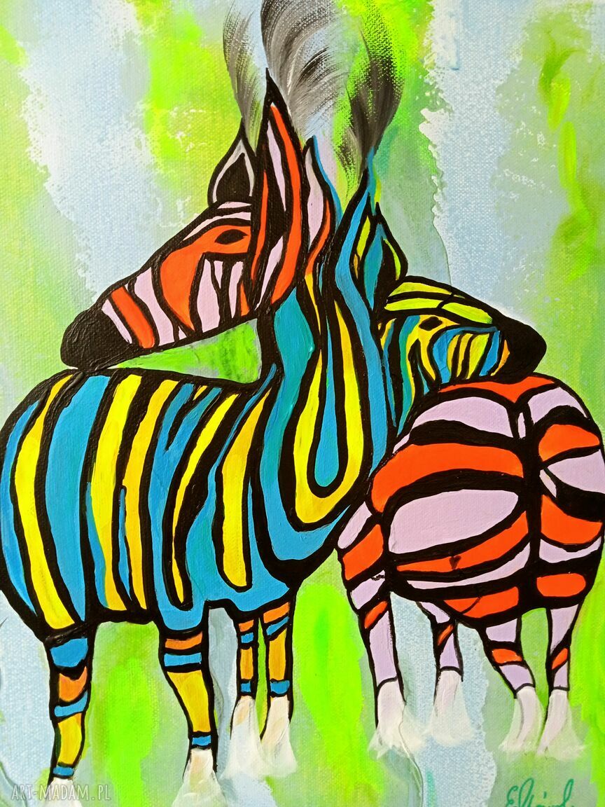 Obraz ręcznie malowany na płótnie Barwy miłości 40x40 cm - zebry, gotowy do zawieszenia