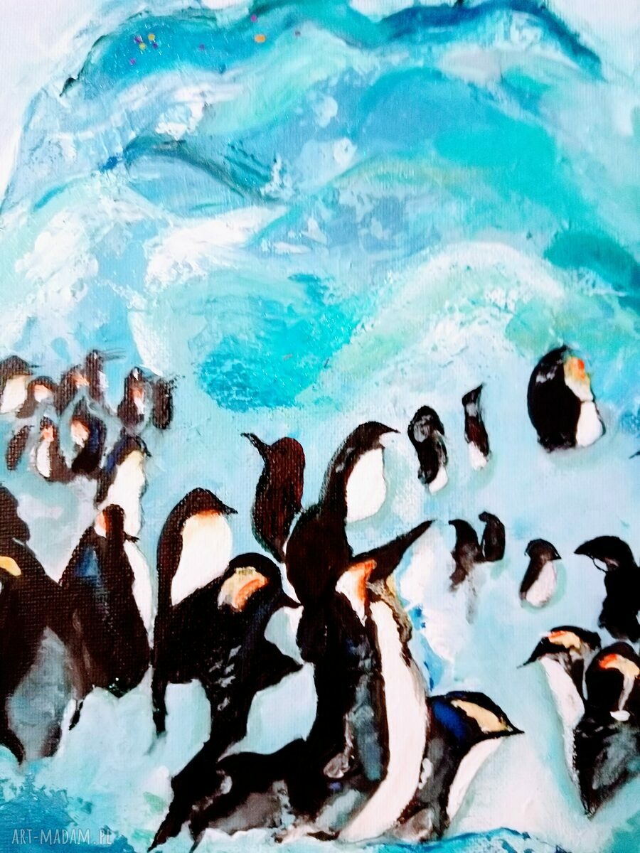 Obraz ręcznie malowany na płótnie Icebreakers - pingwiny, zimowy klimat