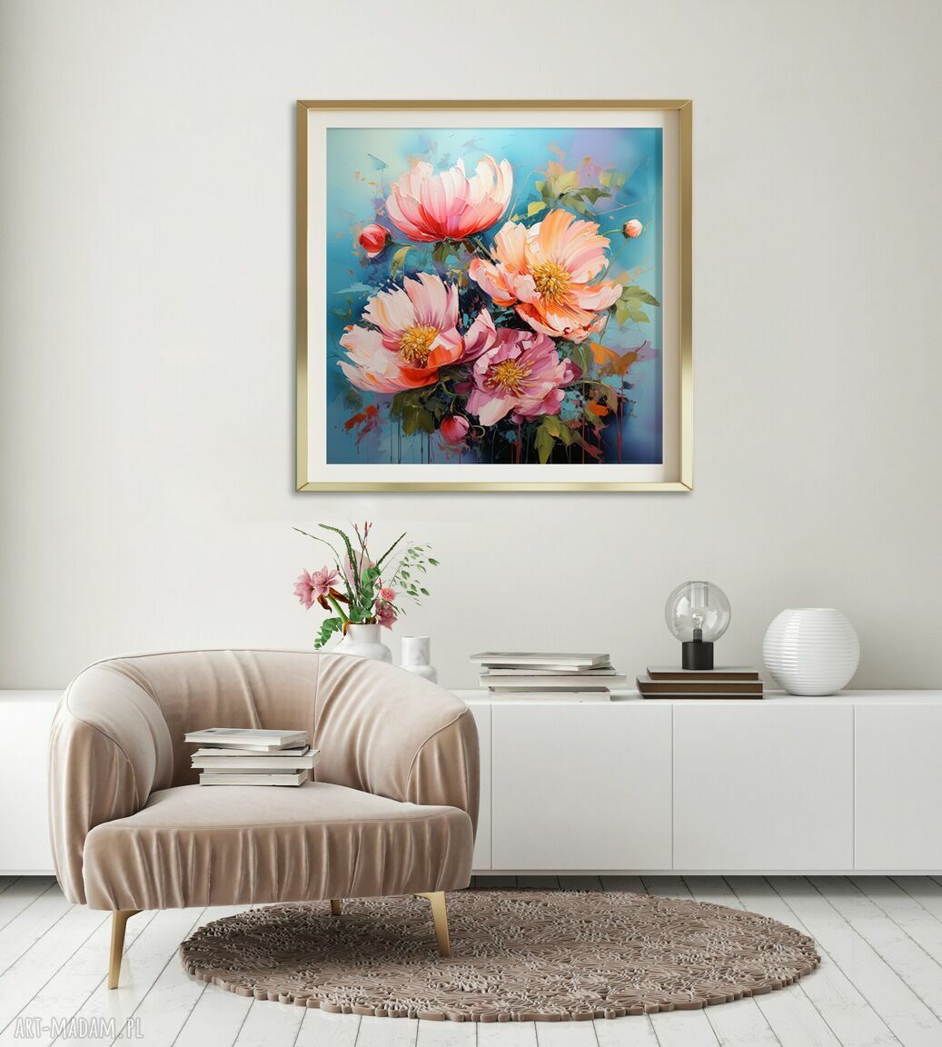 Obraz różowe piwonie - plakat wydruk artystyczny 50x50 cm