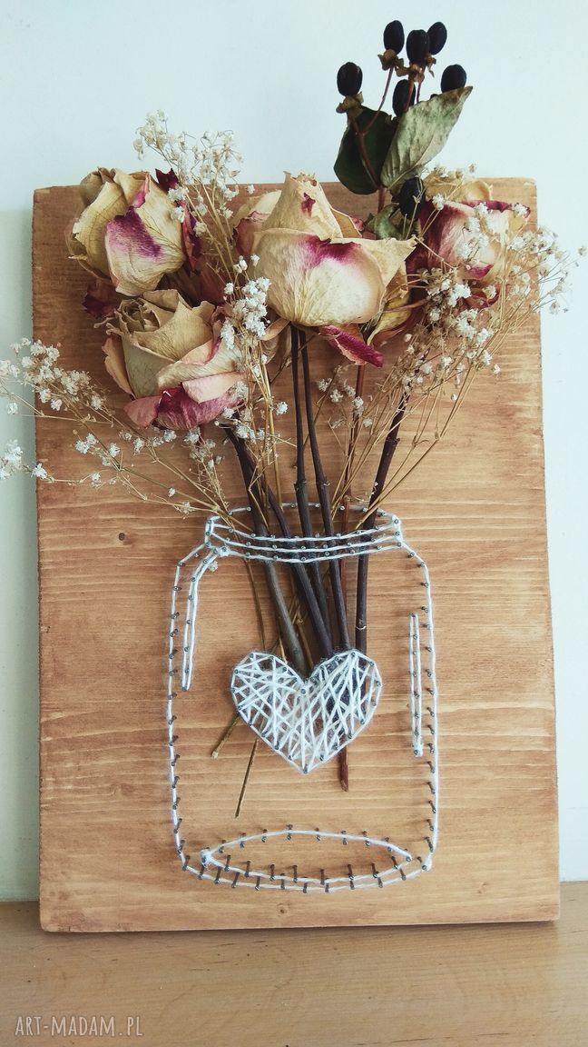 Obraz słoik na suszone kwiaty - String Art na drewnie (A4)