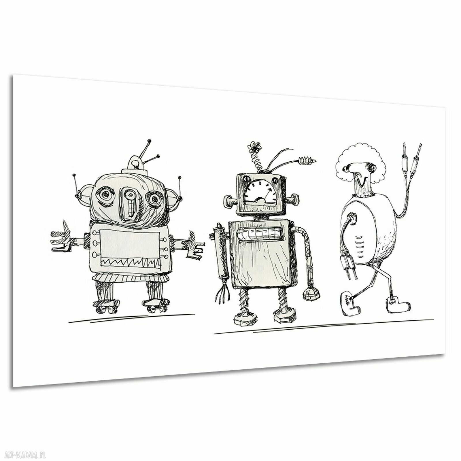 Czarno-biały obraz na płótnie 120x80 cm - zabawne roboty