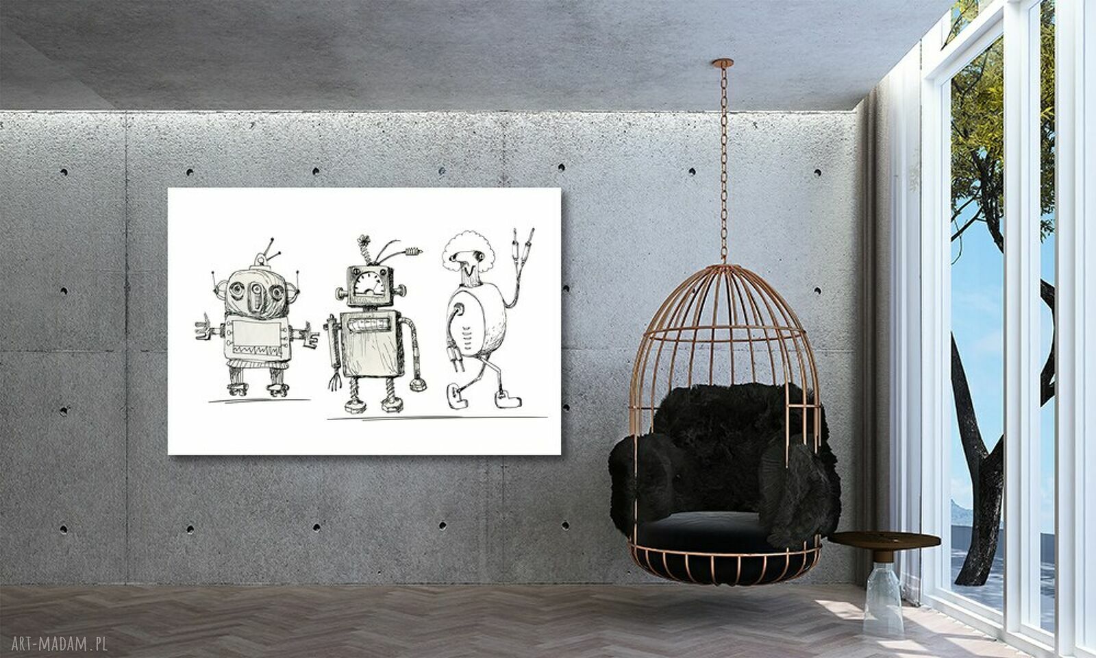 Czarno-biały obraz na płótnie 120x80 cm - zabawne roboty