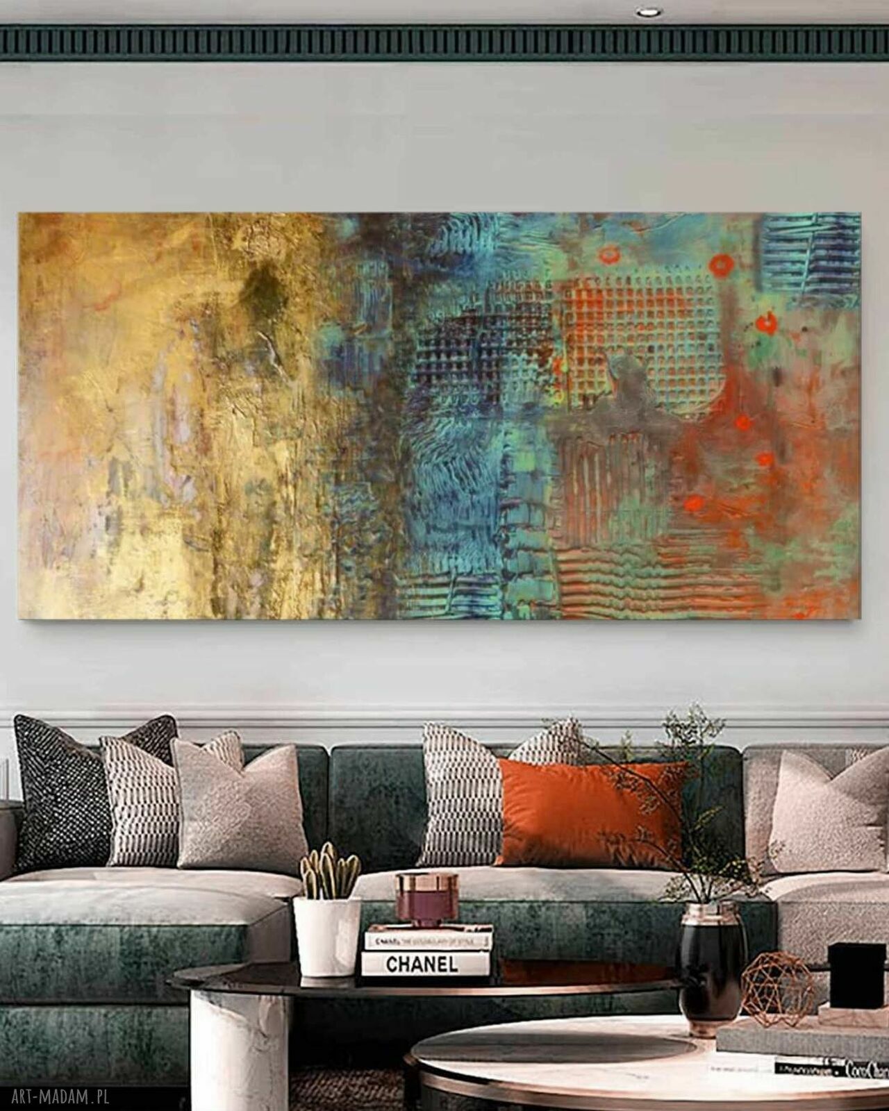 Ręcznie malowany obraz strukturalny „Kontrast i złoto” 100x200 cm
