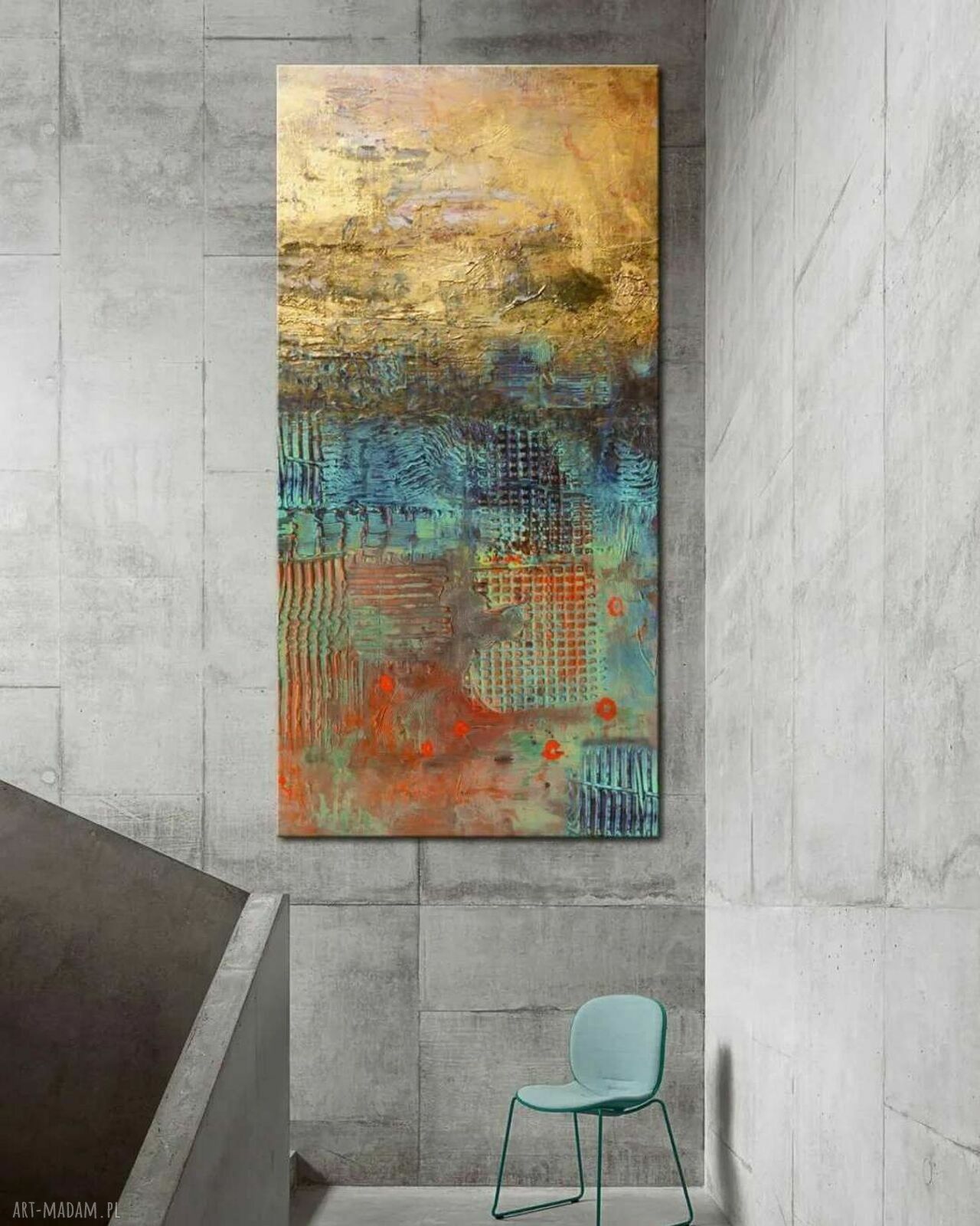 Ręcznie malowany obraz strukturalny „Kontrast i złoto” 100x200 cm