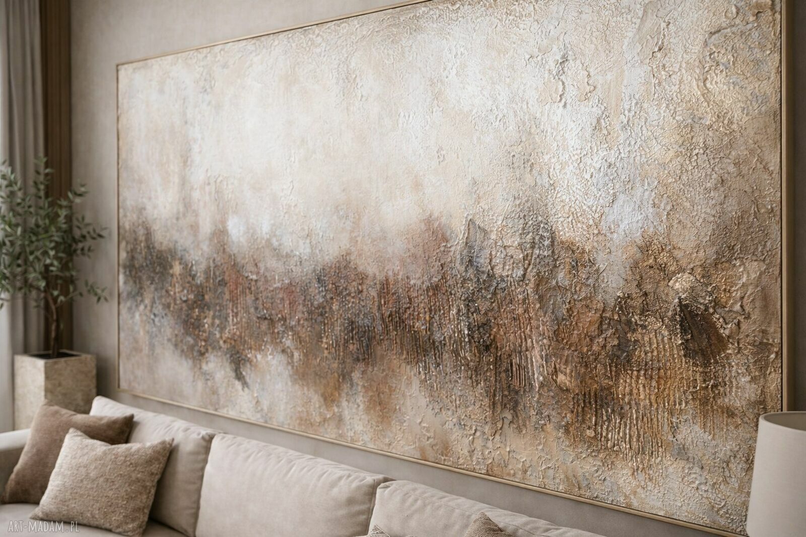 Abstrakcyjny obraz strukturalny XXL 100x140 cm do salonu - beże, brązy i biel