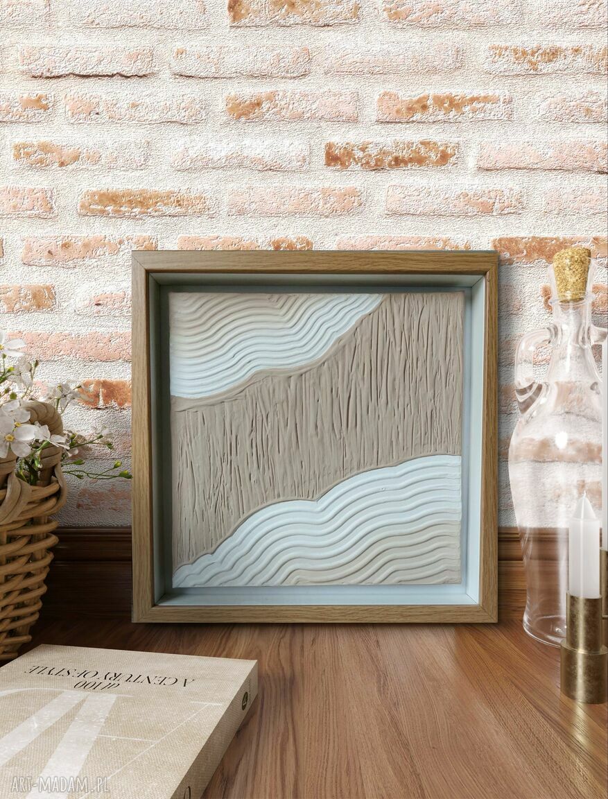 Obraz strukturalny beżowy 30x30 cm w ramie - minimalistyczny ręcznie robiony