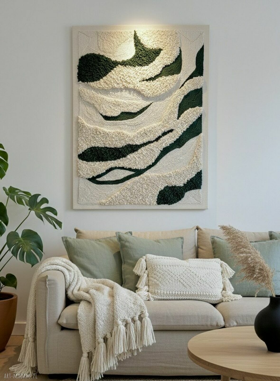Abstrakcyjny obraz tkany 3D 80x110 cm - ecru i głęboka zieleń