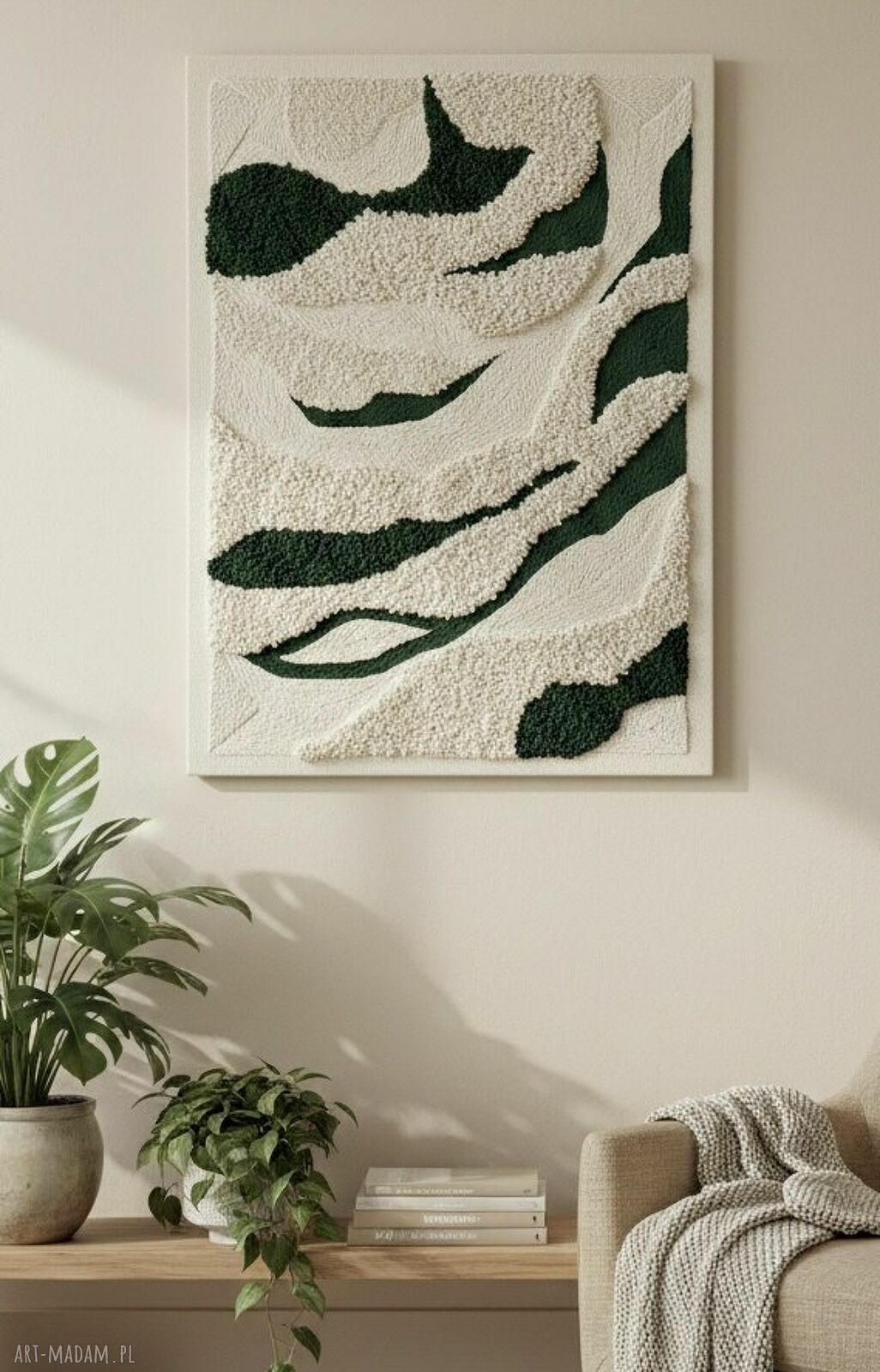 Abstrakcyjny obraz tkany 3D 80x110 cm - ecru i głęboka zieleń