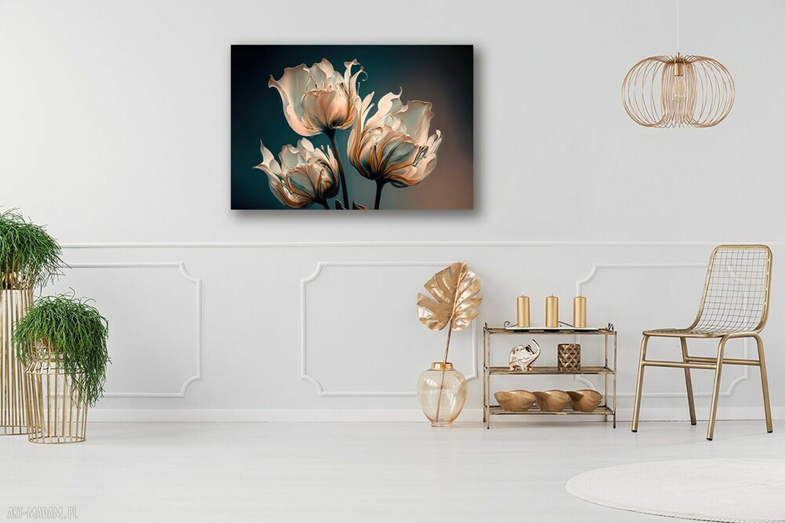 Obraz tulipany 120x80 cm - kremowe kwiaty glamour