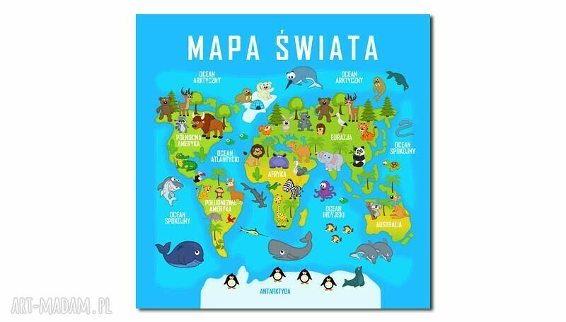 Obraz XXL Mapa Świata dla Dzieci 80x80 cm na Płótnie Canvas - Gotowy do Powieszenia
