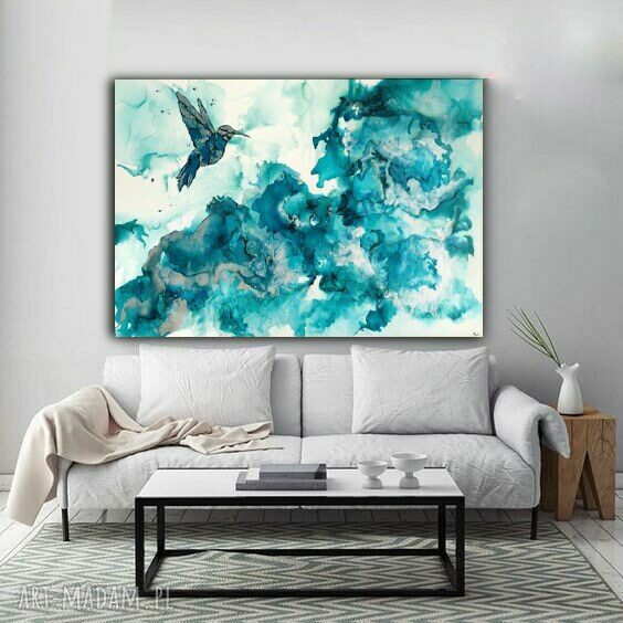 Ręcznie malowany abstrakcyjny obraz na canvas 70x100 - turkus, butelkowa zieleń, biel i srebro (ptak 3D)
