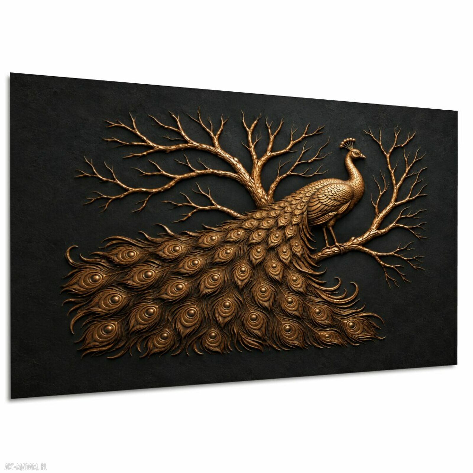 Obraz na płótnie - złoty paw na drzewie, czarne tło 120x80 cm