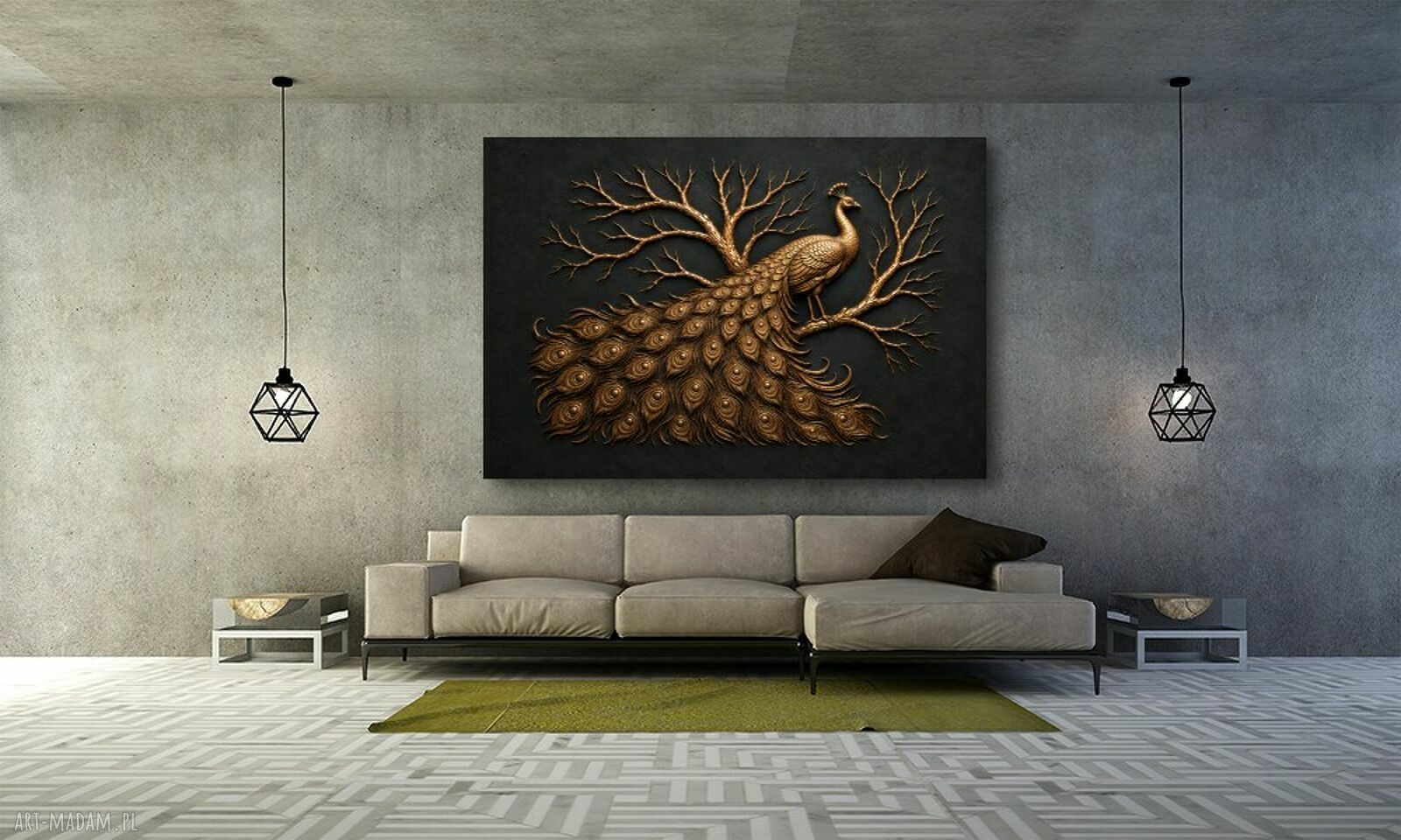 Obraz na płótnie - złoty paw na drzewie, czarne tło 120x80 cm