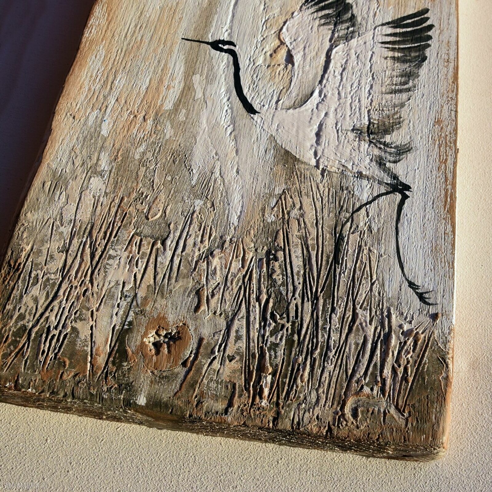 Żurawie - obraz ptaki malowane na desce (20 x 37 cm)