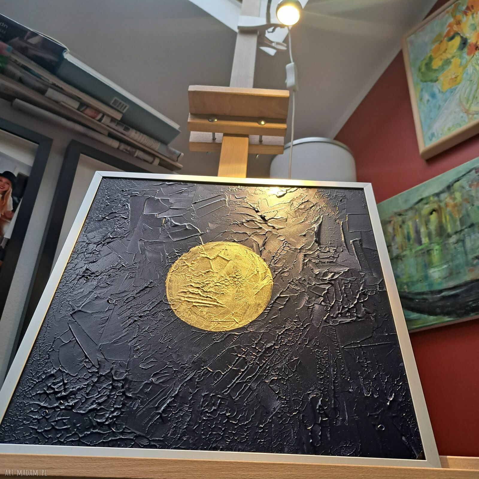 Obraz akrylowy w ramce "Miranda" 33x33 - granat, złoto i kosmiczny klimat