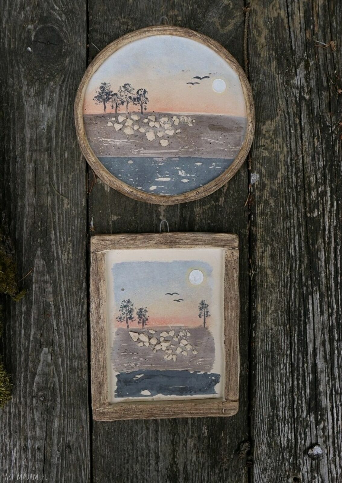 Obrazek ceramiczny Zachód Słońca z Ptakami - ręcznie malowany i wypalany