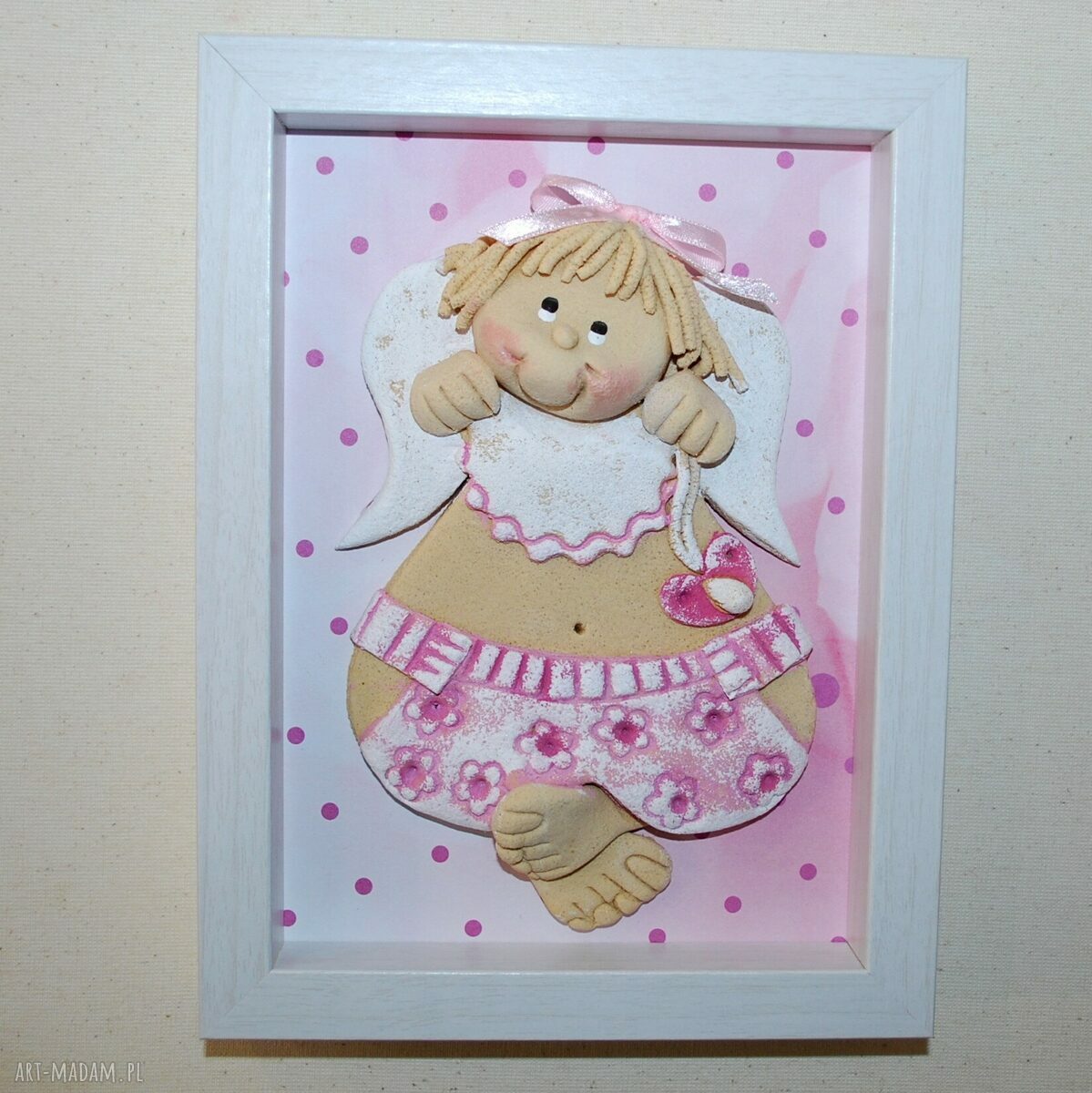 Aniołek z masy solnej w ramce 15x20 cm - pamiątka dla dziewczynki