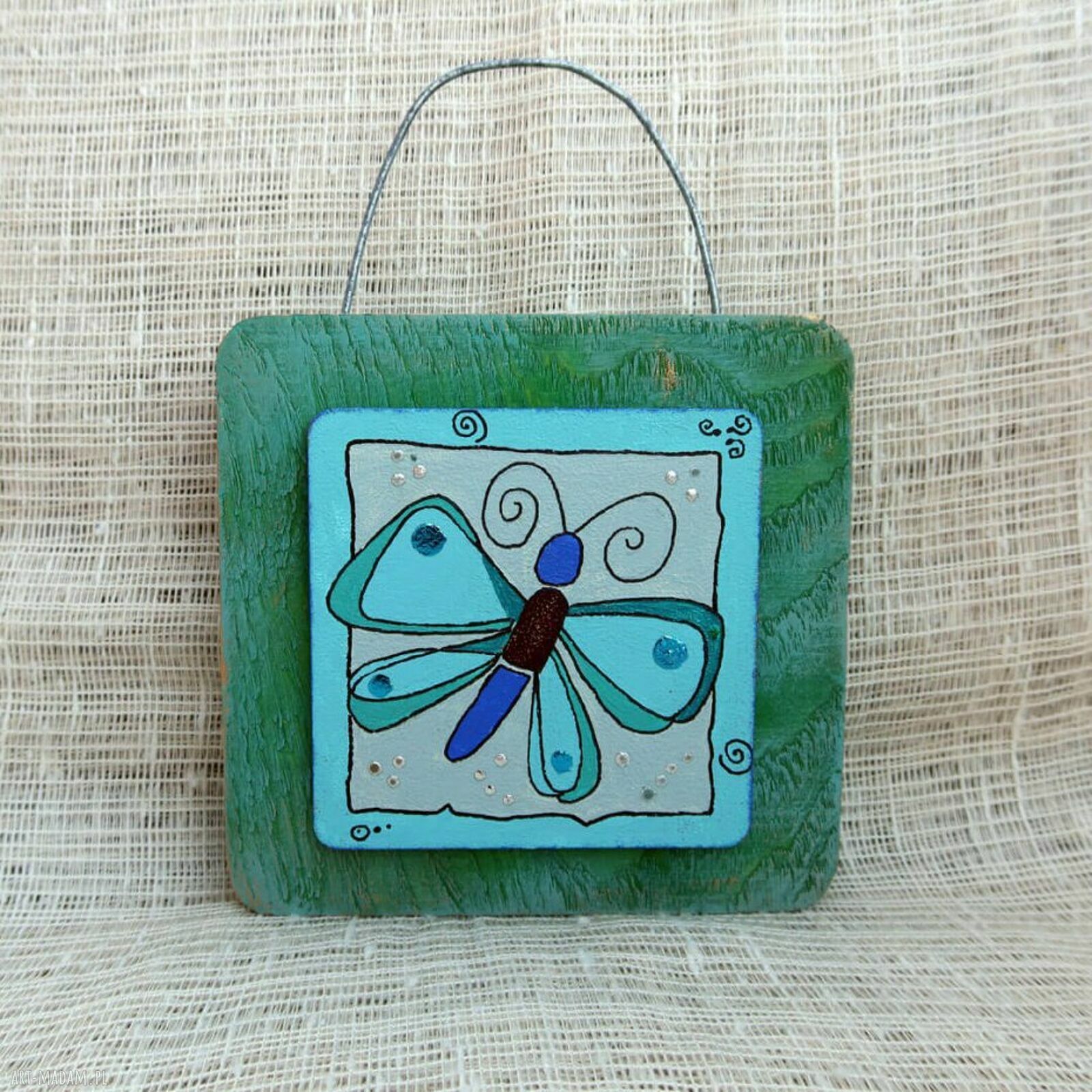 Obrazek na drewnie Blue Butterfly - ręcznie malowany motyl