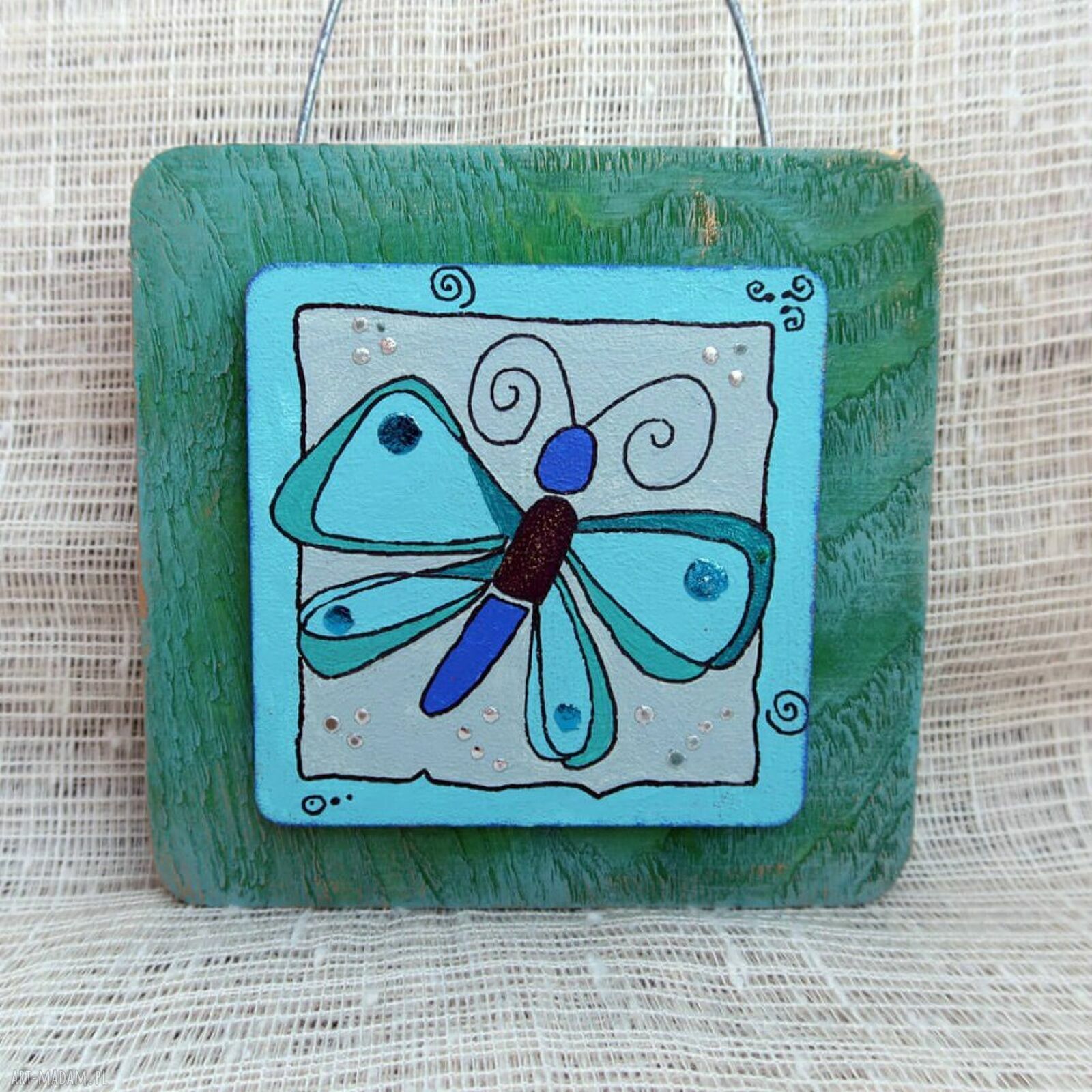 Obrazek na drewnie Blue Butterfly - ręcznie malowany motyl