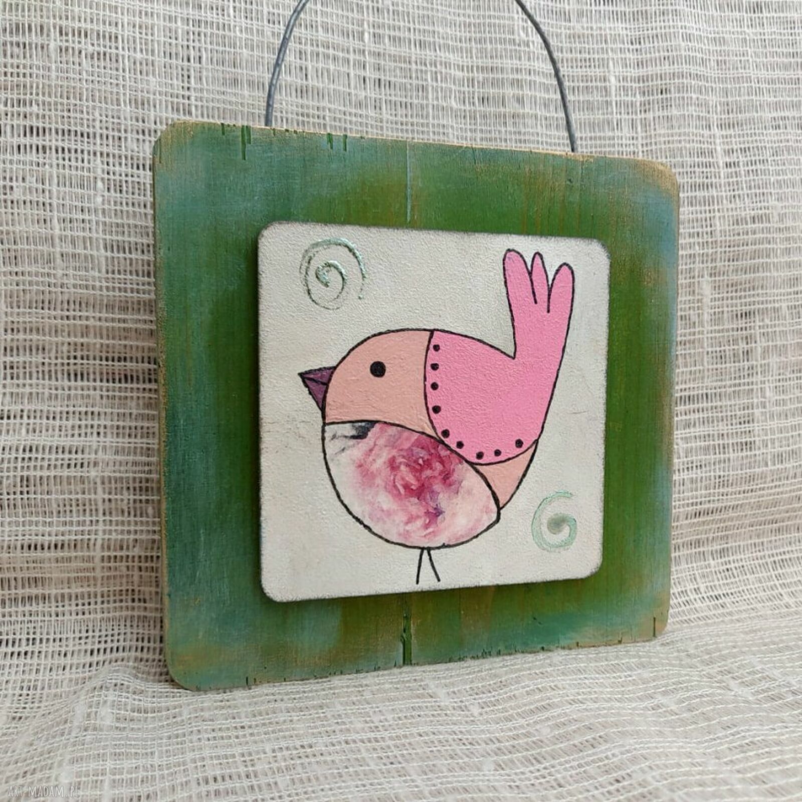 Obrazek na drewnie Rose Bird - ręcznie malowany ptaszek do domu i na prezent