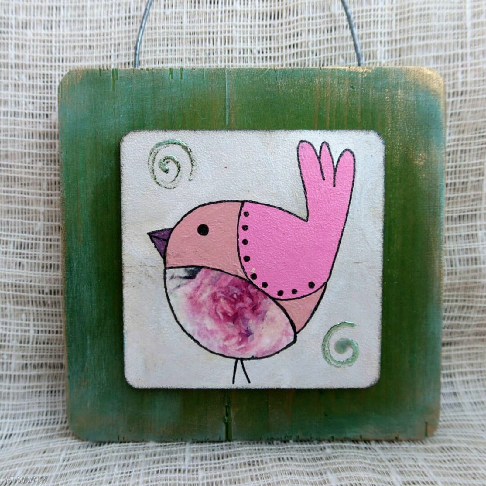 Obrazek na drewnie Rose Bird - ręcznie malowany ptaszek do domu i na prezent
