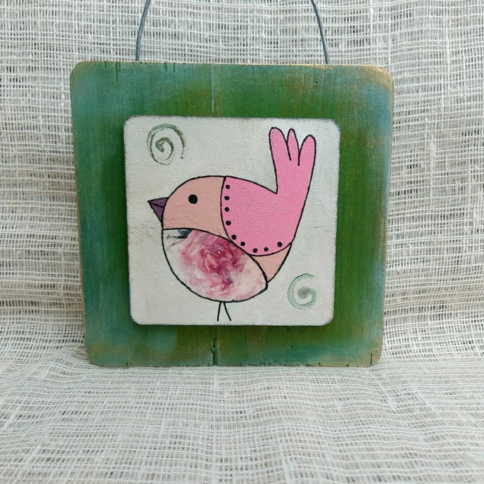 Obrazek na drewnie Rose Bird - ręcznie malowany ptaszek do domu i na prezent