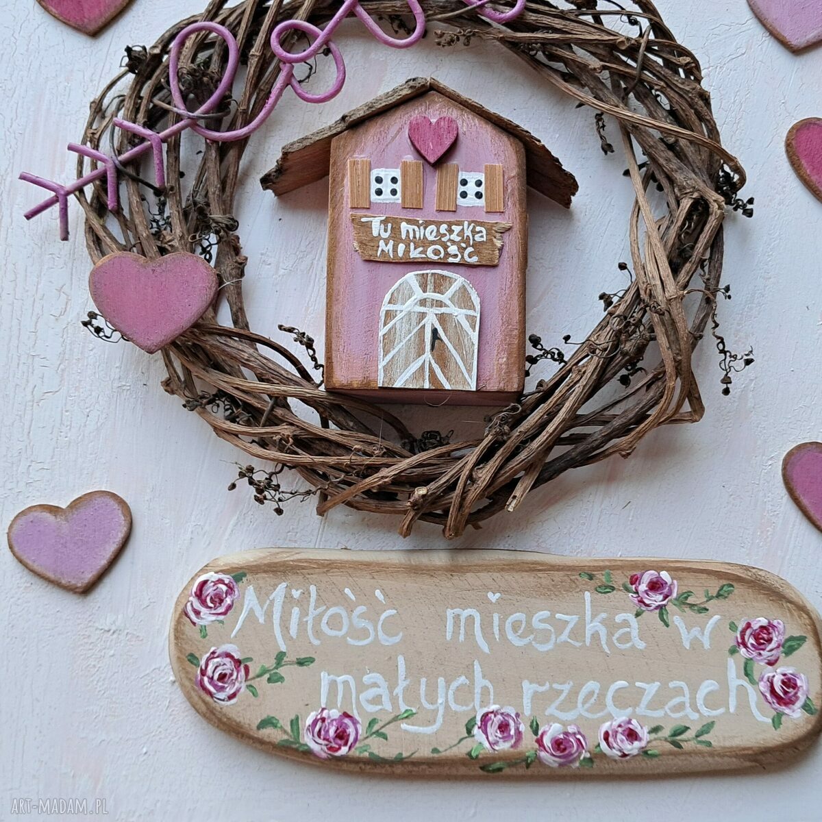 Obrazek Pełen Miłości z sentencją i haczykami 20x20 cm