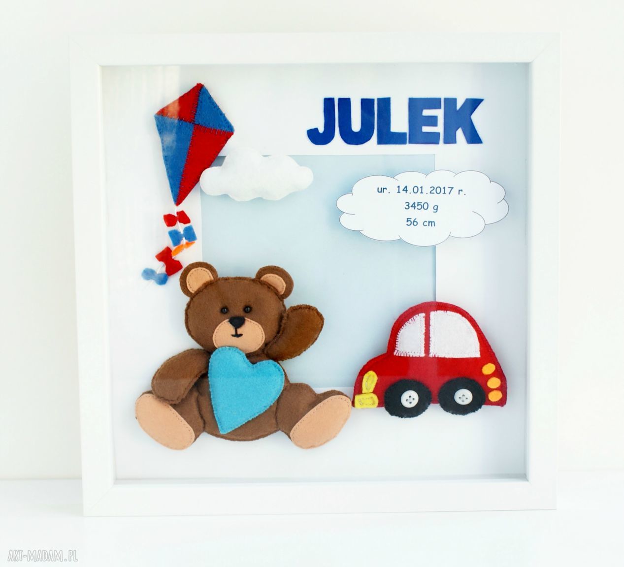 Metryczka w ramce 3D dla dziecka - obrazek z filcu 30x30 cm, personalizowany