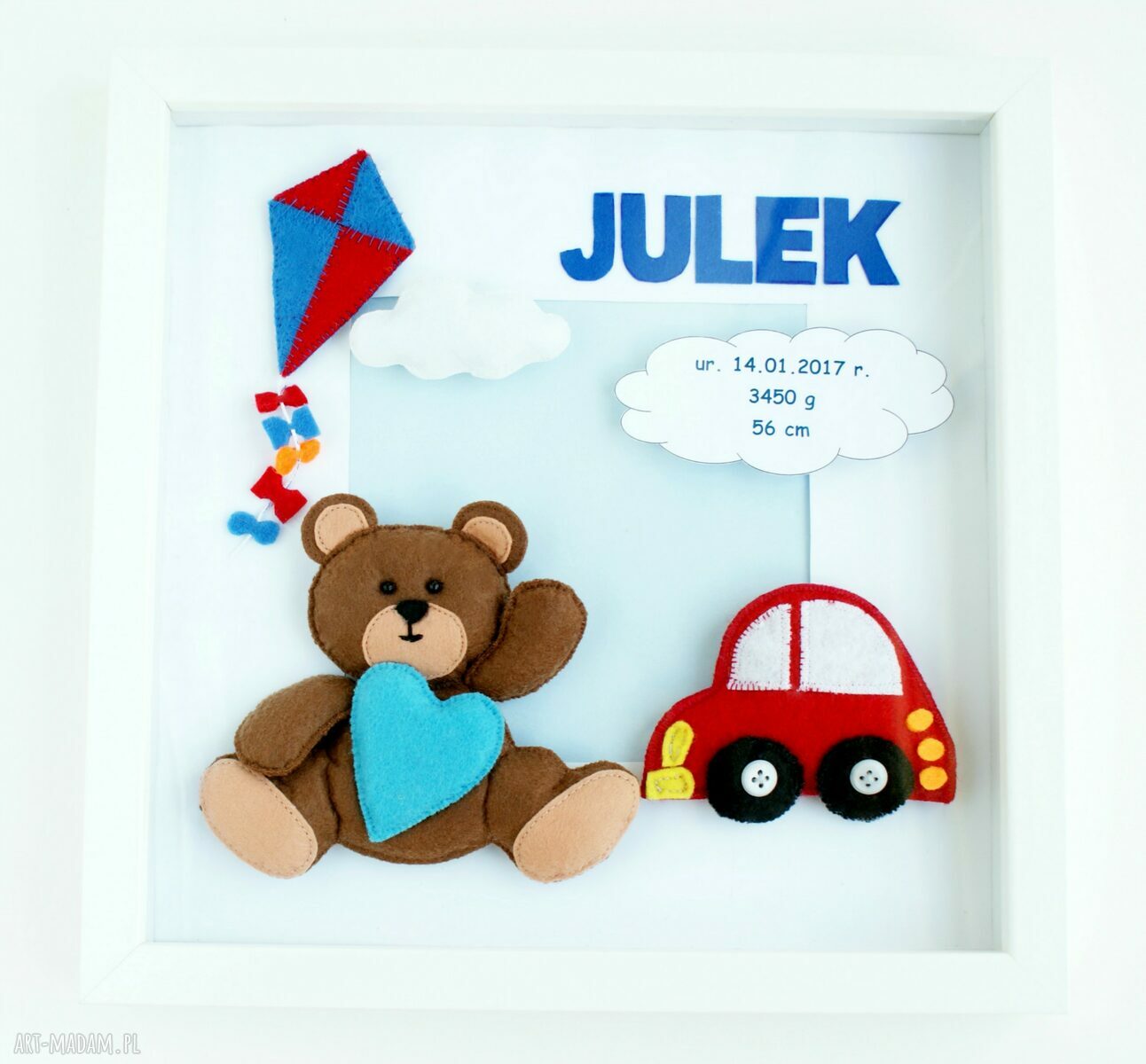 Metryczka w ramce 3D dla dziecka - obrazek z filcu 30x30 cm, personalizowany