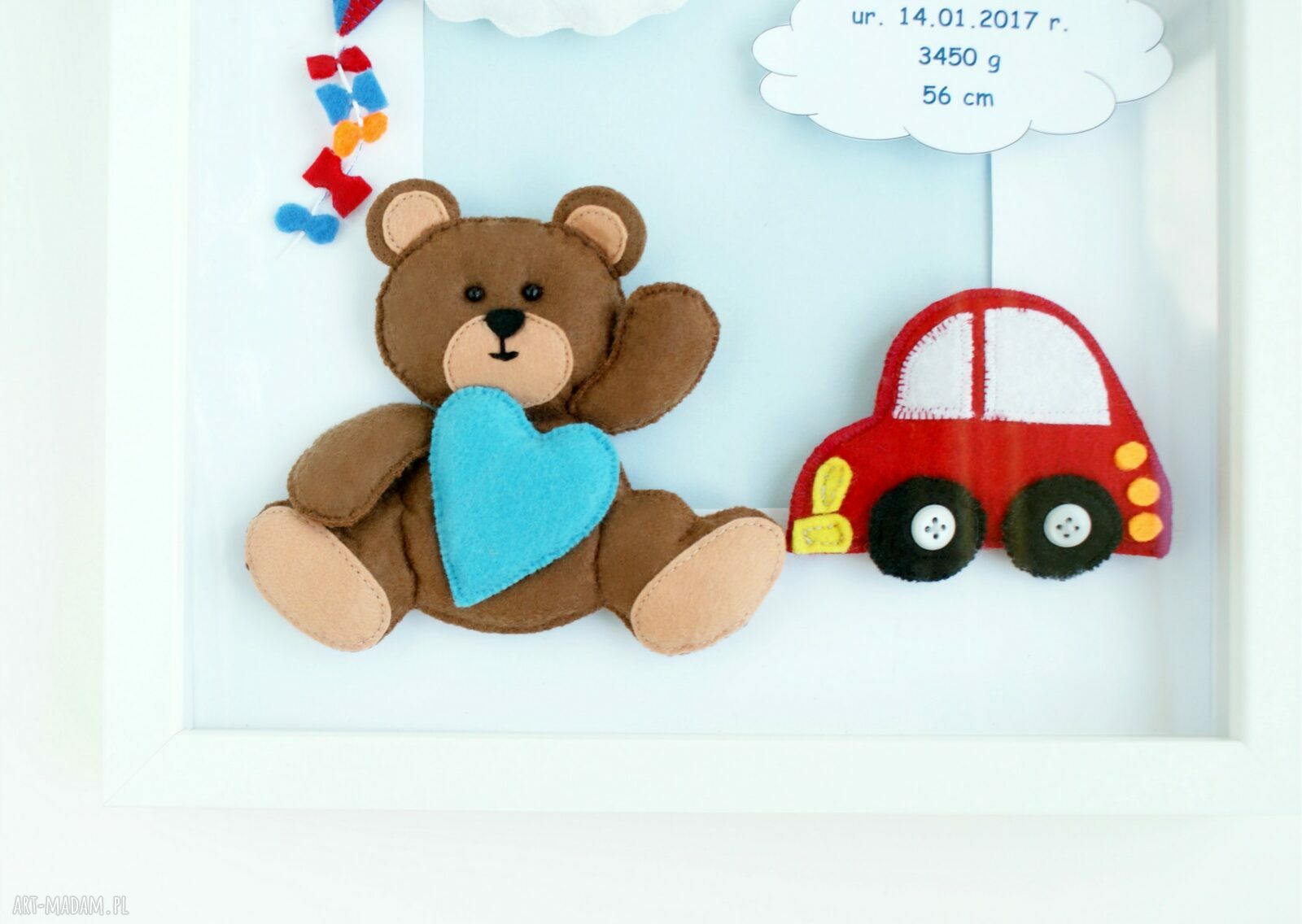 Metryczka w ramce 3D dla dziecka - obrazek z filcu 30x30 cm, personalizowany