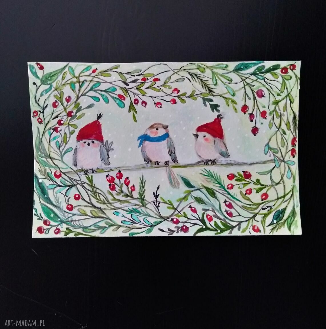 Obrazek w typie ilustracji - dekoracja świąteczna ptaszki (akryl/tempera) 15x23 cm