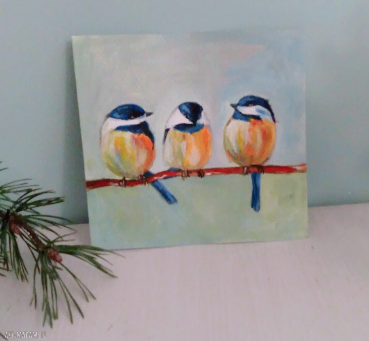 Trzy sikorki - ręcznie malowana ilustracja ptaków 14x15 cm