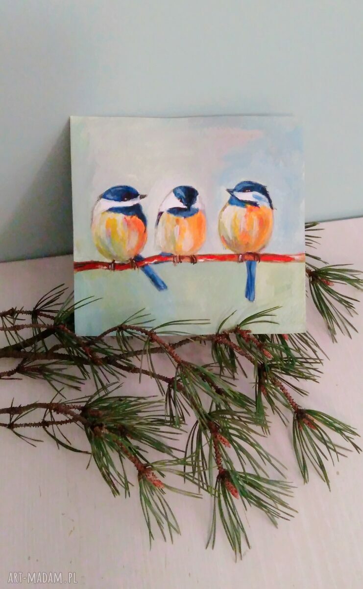 Trzy sikorki - ręcznie malowana ilustracja ptaków 14x15 cm