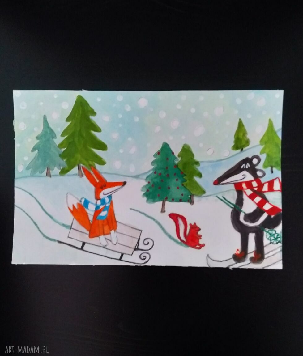 Zimowy lisek - bajkowa ilustracja ręcznie malowana 15x23 cm
