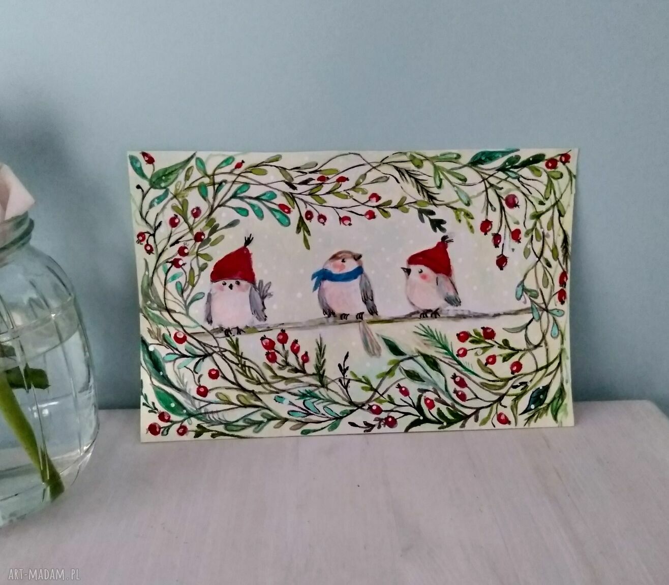 Obrazek w typie ilustracji - dekoracja świąteczna ptaszki (akryl/tempera) 15x23 cm